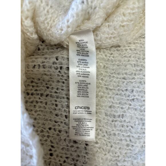Chico’s Lace Trim Ivory Sweater Sz 3/XL Wool Blend Jasmine 3/4 Sleeve Pullover - Picture 4 of 9